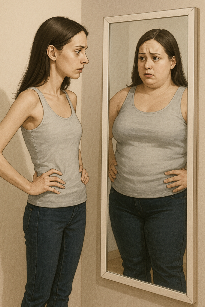 Thin woman seeing herself in the mirror as fat.